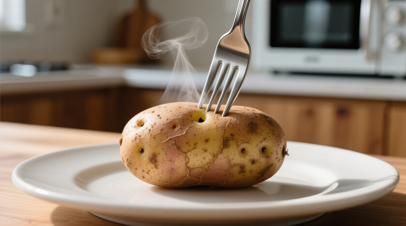 Russet potato pierced with fork before microwaving