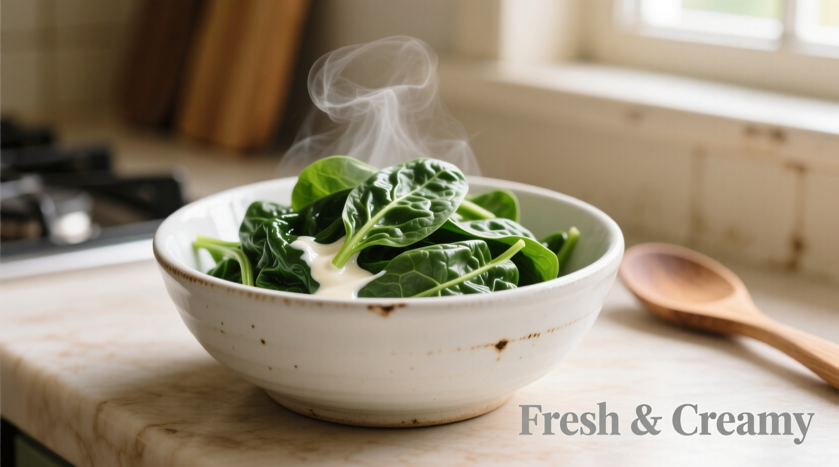 Creamy spinach in white ceramic bowl