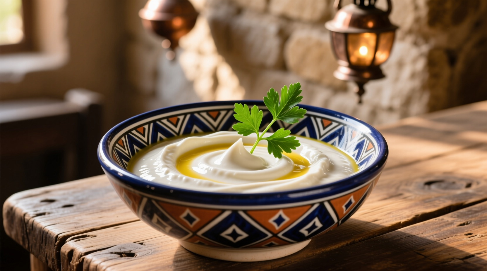 Creamy white toum sauce in a traditional Middle Eastern bowl