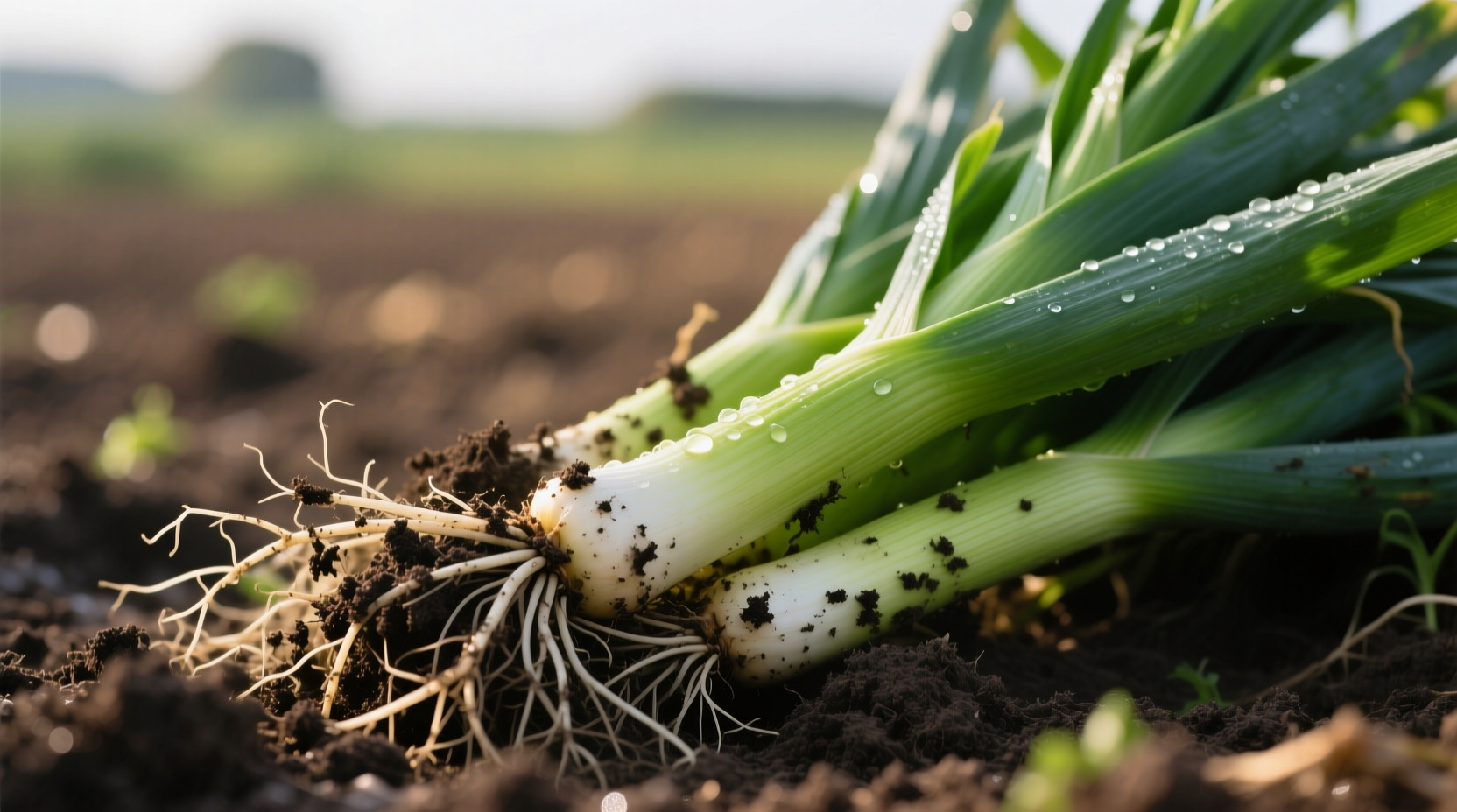 Freshly harvested leeks with soil still clinging to roots