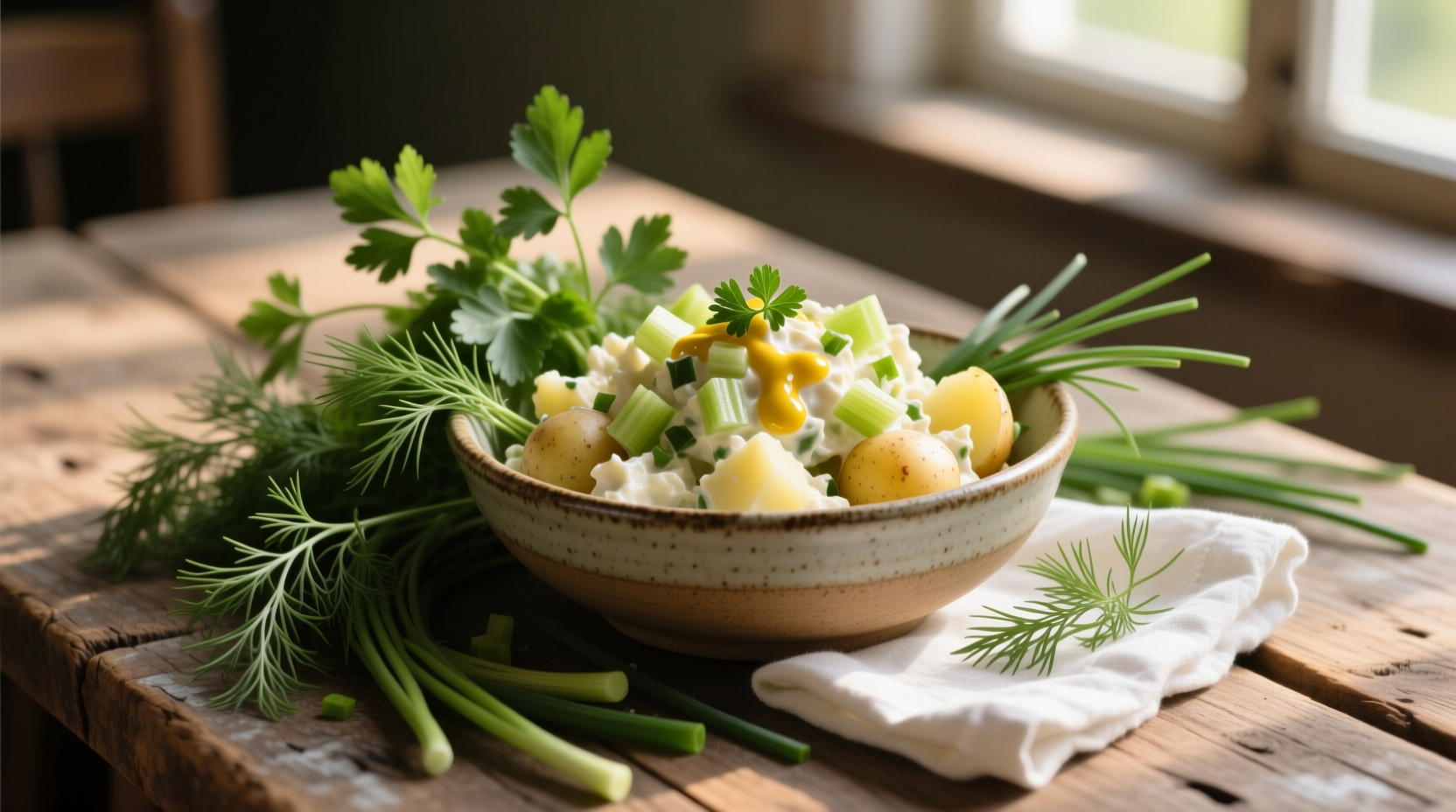 Fresh herbs arranged around potato salad bowl