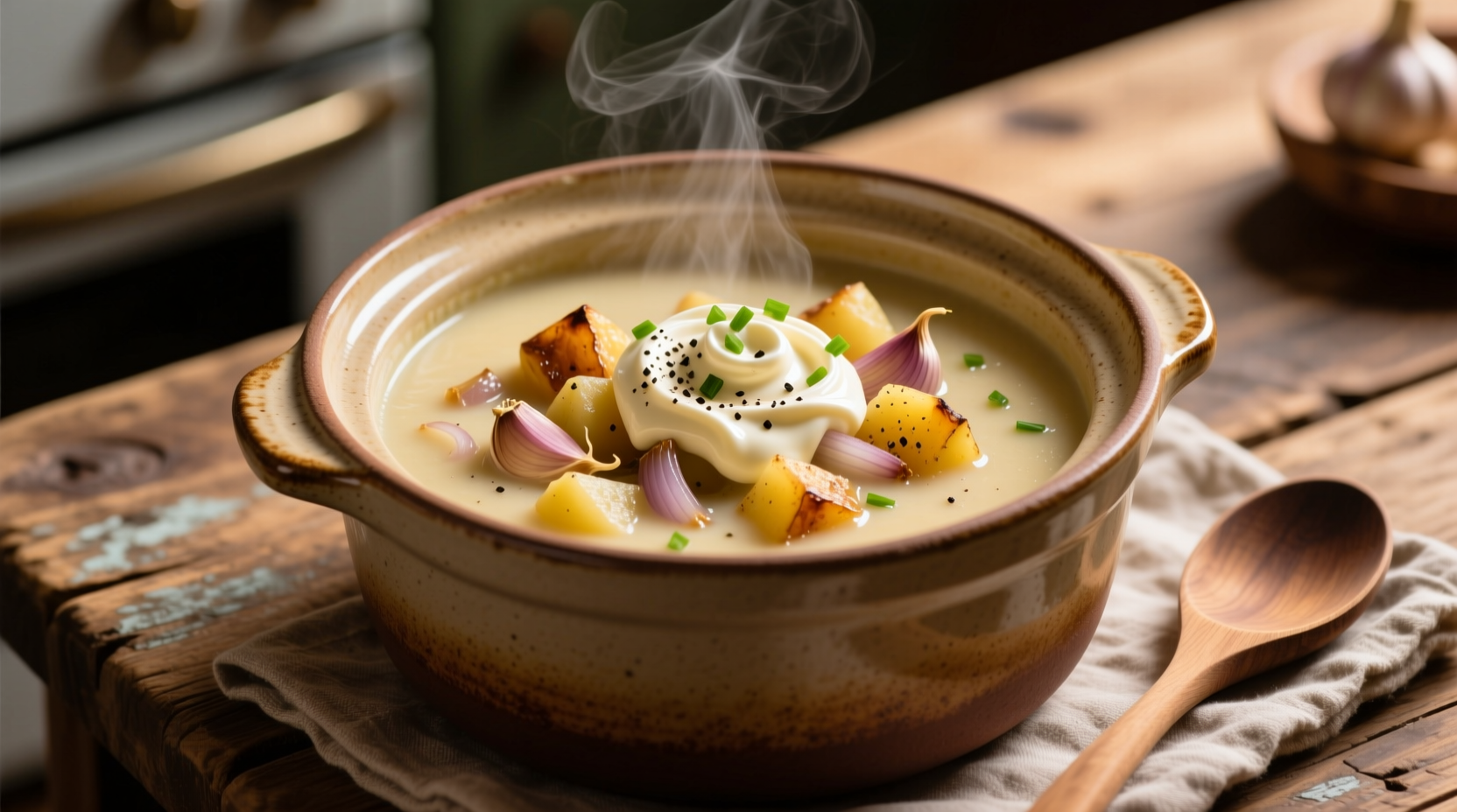 Creamy crock pot potato soup with cream cheese garnished