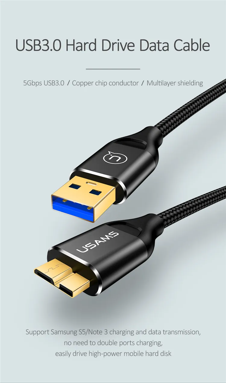 USAMS Micro USB 3.0 woven hard drive cable fast charging Type A to Micro B Hard Disk Data Cable for Samsung S5 Note 3
