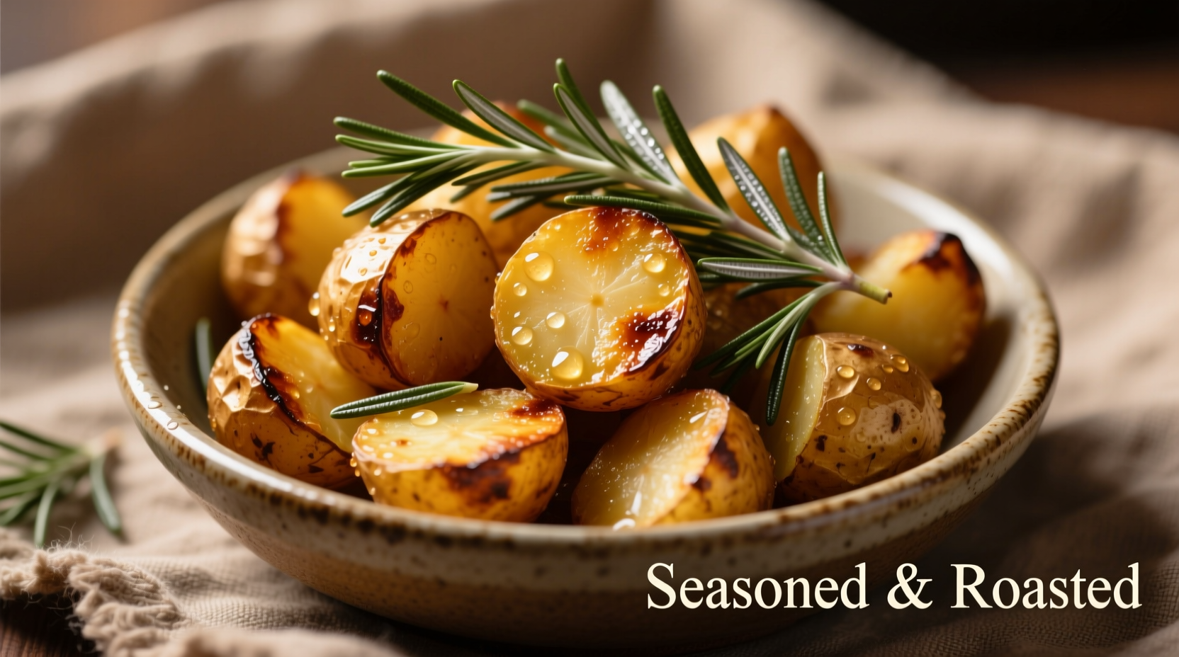 Golden roasted potatoes with rosemary sprigs