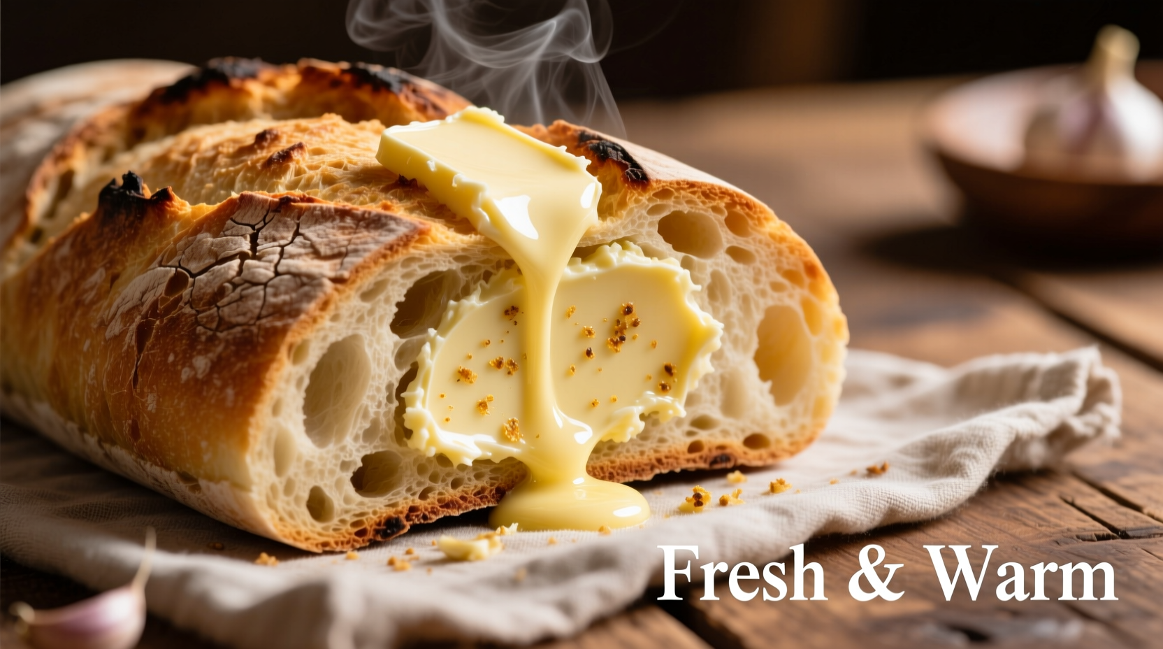 Freshly baked ciabatta garlic bread with melted butter