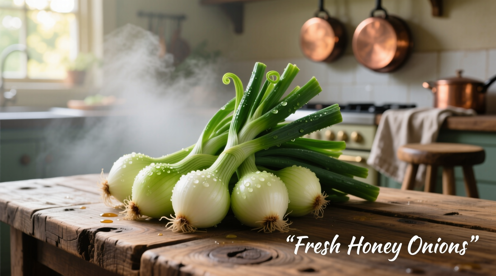 Fresh honey onions with green tops on wooden table