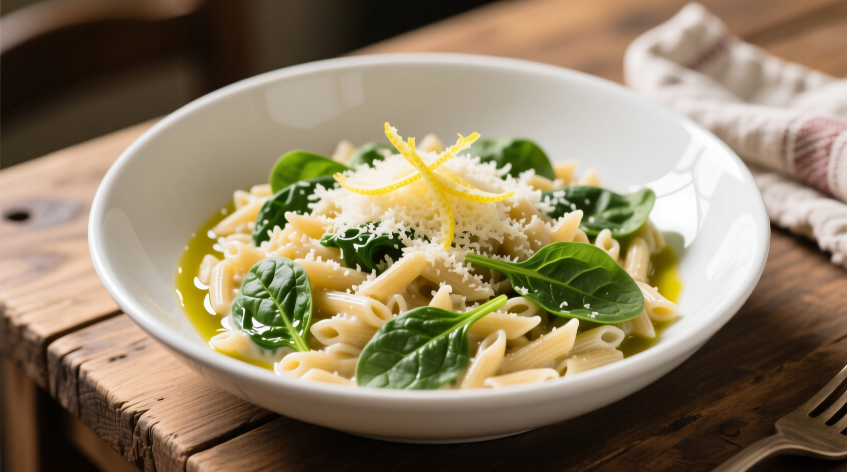 Creamy orzo with spinach and lemon in white bowl