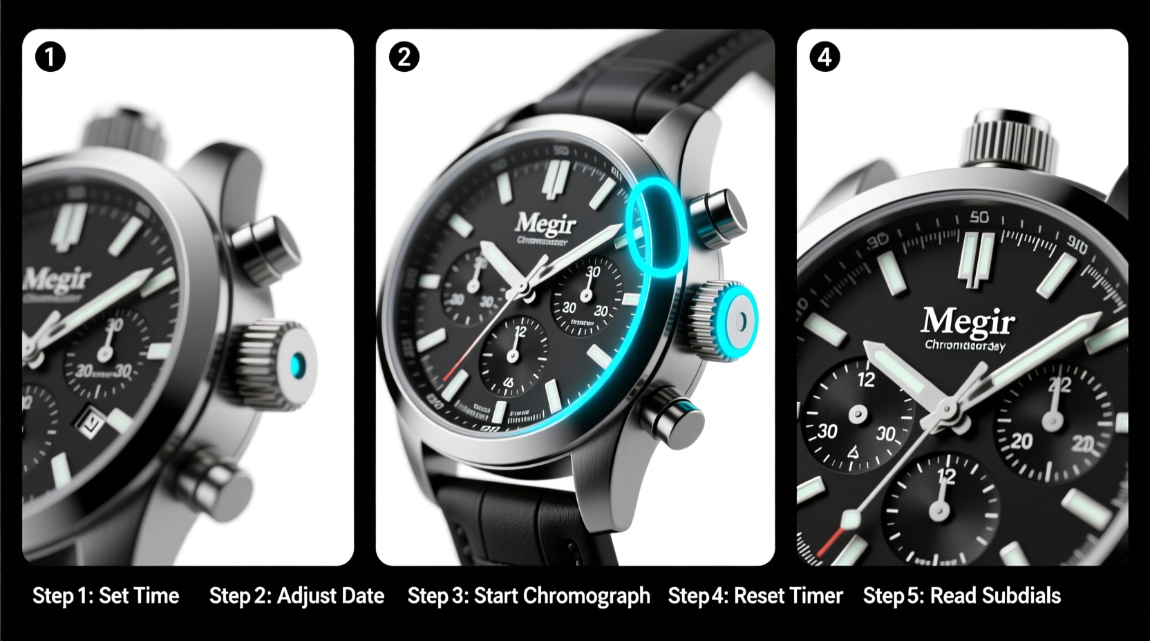 step by step guide how to properly set and use the chronograph on your megir watch