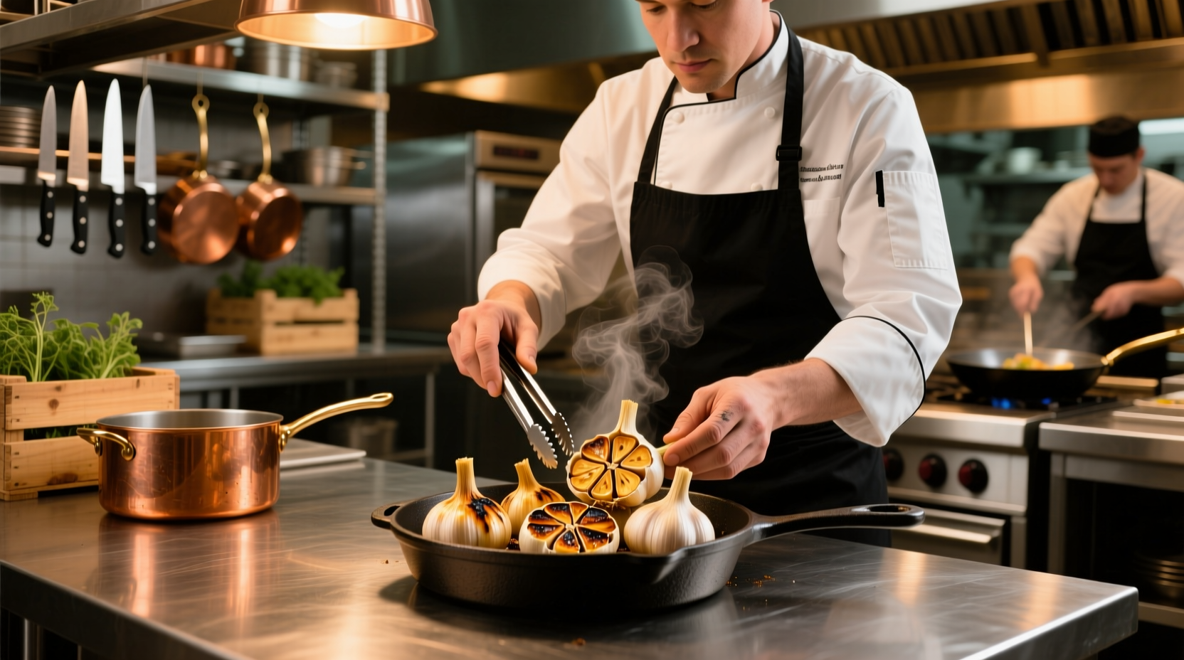 Chef preparing roasted garlic bulbs in restaurant kitchen
