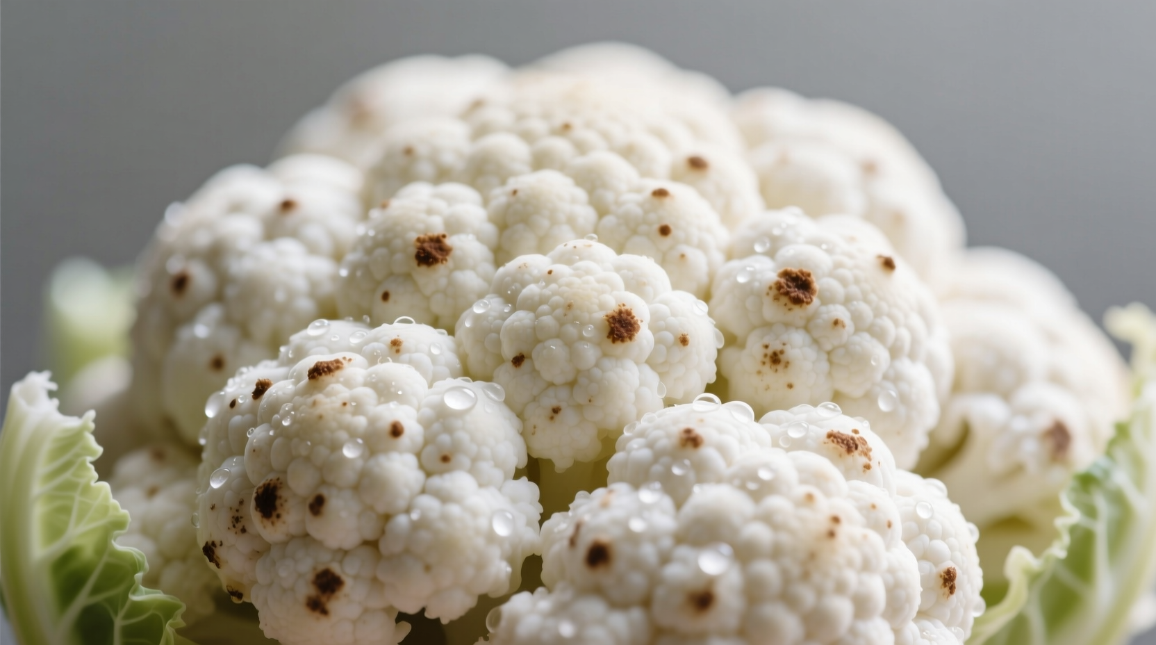 Cauliflower head with small brown spots on white curds