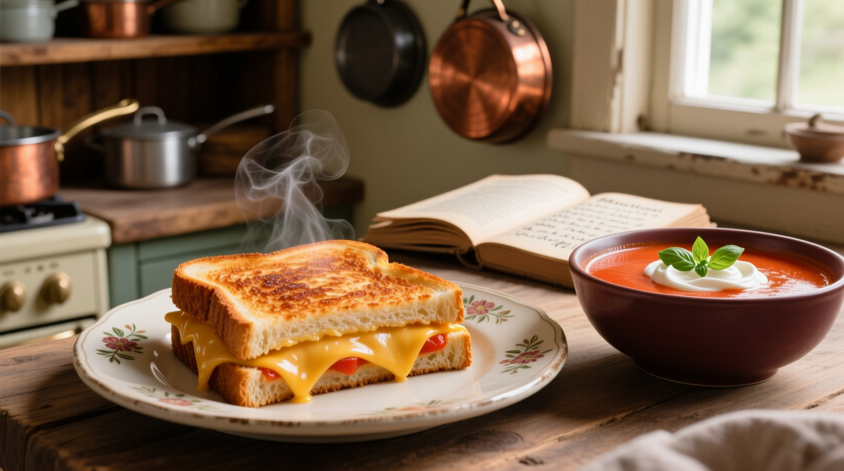 Classic grilled cheese sandwich with tomato soup