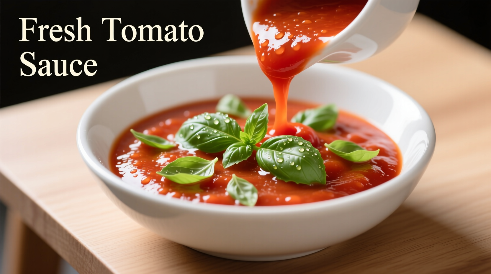 Fresh tomato sauce in white bowl with basil garnish