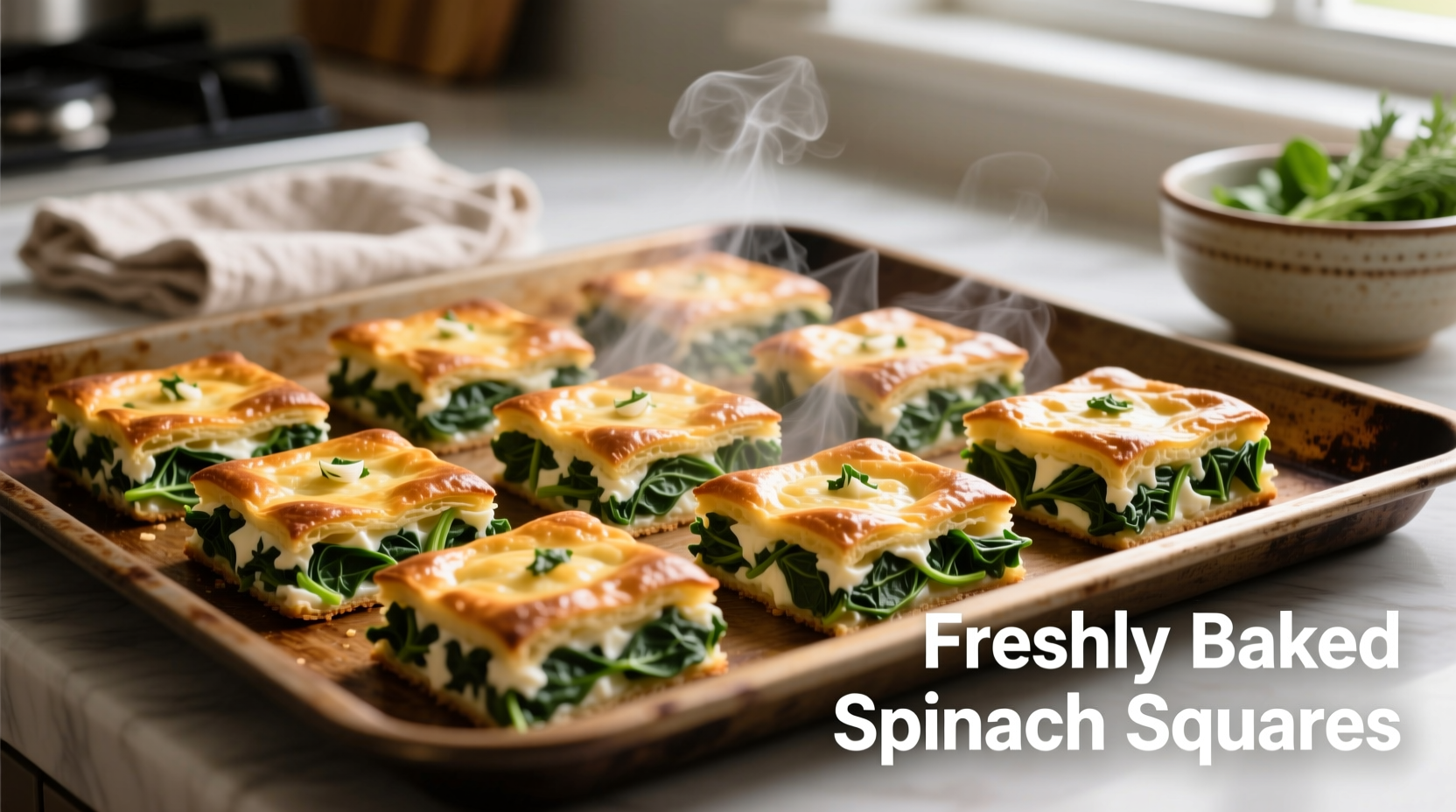 Golden brown spinach squares fresh from oven
