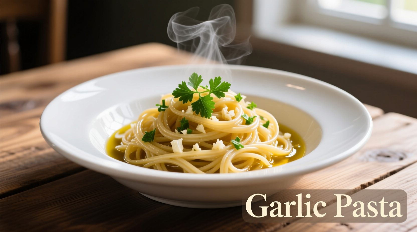 Perfectly cooked garlic pasta in white bowl