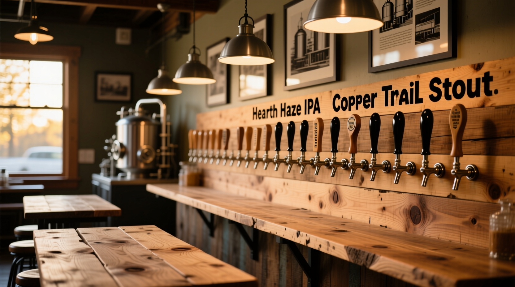 Wild Onion Brewery tasting room with wooden tables and tap handles