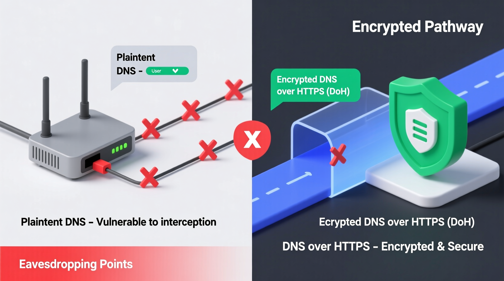 Diagram showing plaintext DNS queries intercepted by a router versus encrypted DNS over HTTPS queries flowing directly to a trusted resolver, with red 'X' marks over eavesdropping points