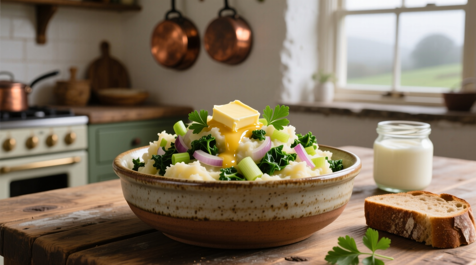 Traditional Irish Colcannon in ceramic bowl