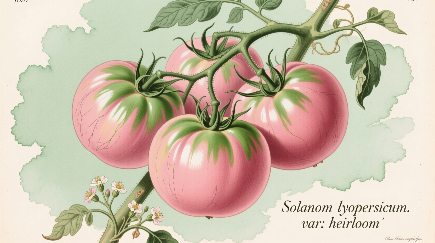 Ripe pink heirloom tomatoes on vine with characteristic green shoulders
