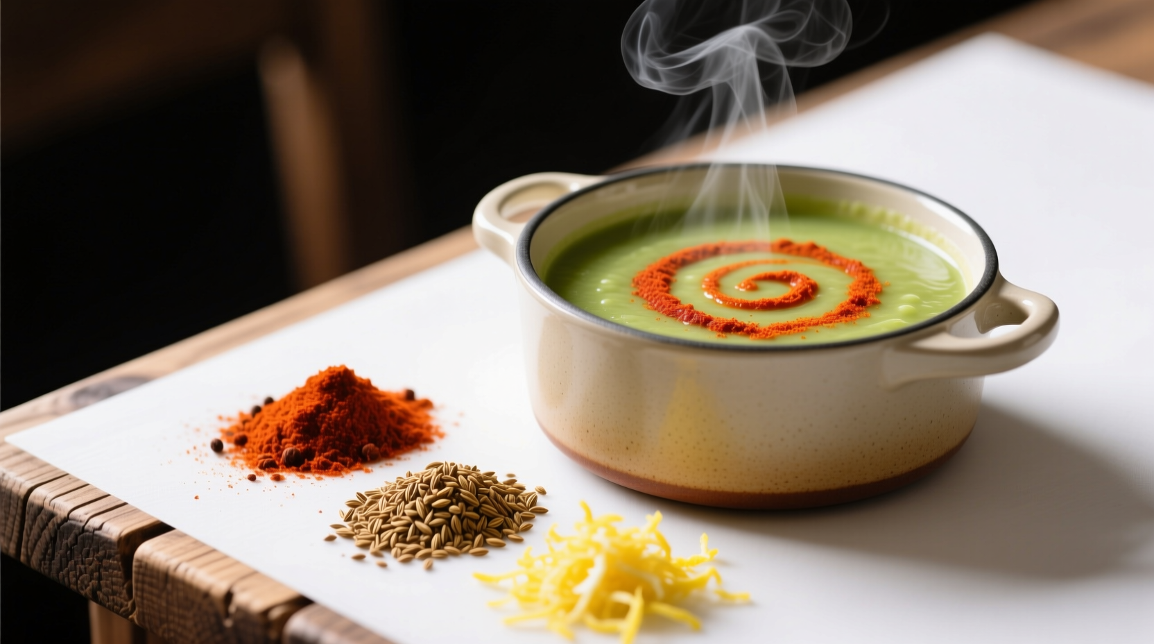 Close-up of spices: smoked paprika, cumin, and lemon zest arranged beside a pot of pea soup
