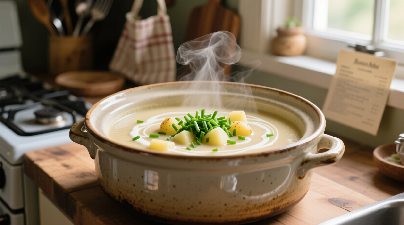 Slow cooker filled with creamy potato soup topped with chives