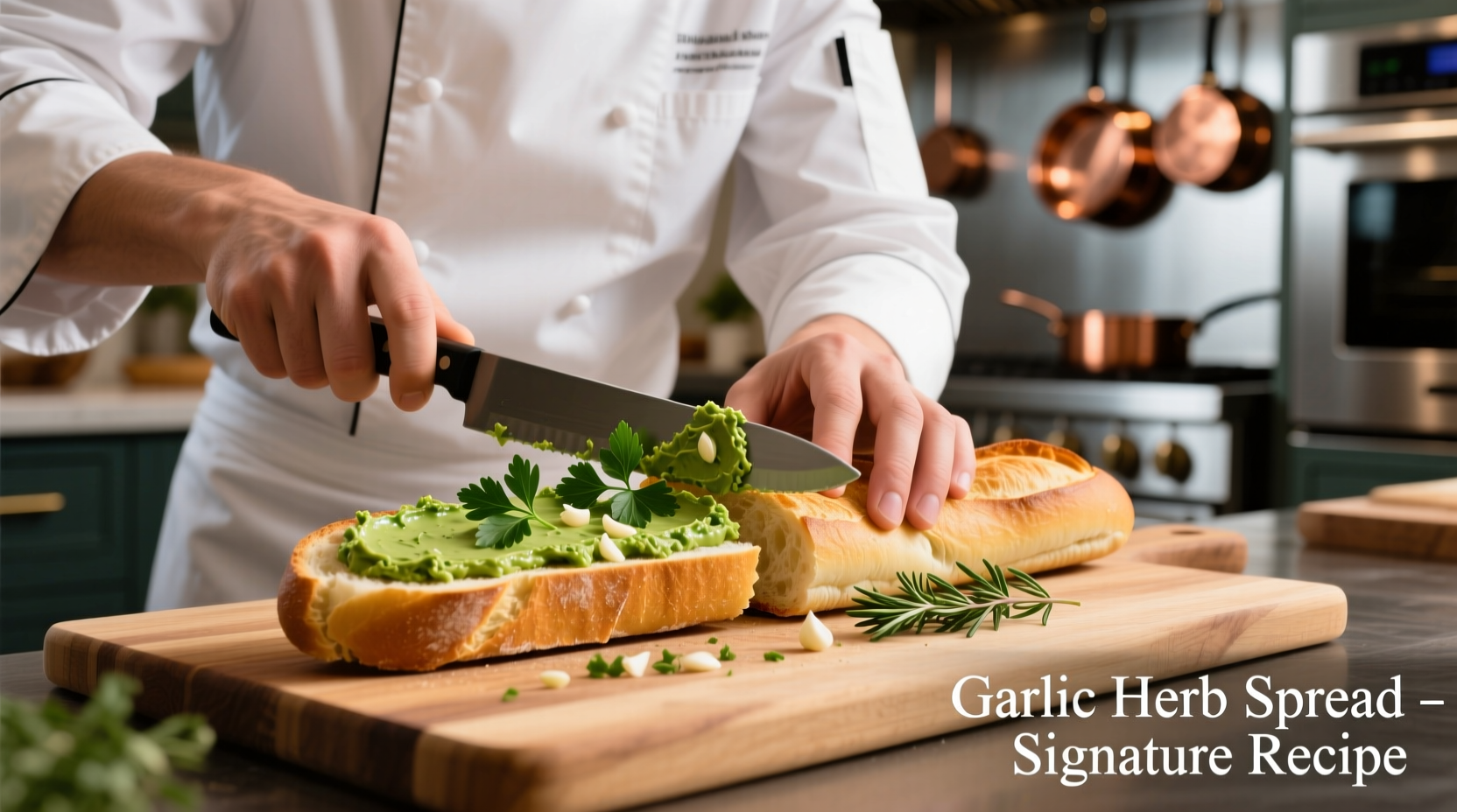 Chef applying garlic herb spread to sliced baguette