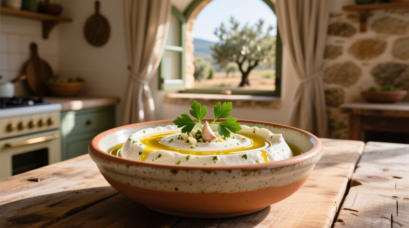 Creamy garlic labneh in ceramic bowl with olive oil drizzle