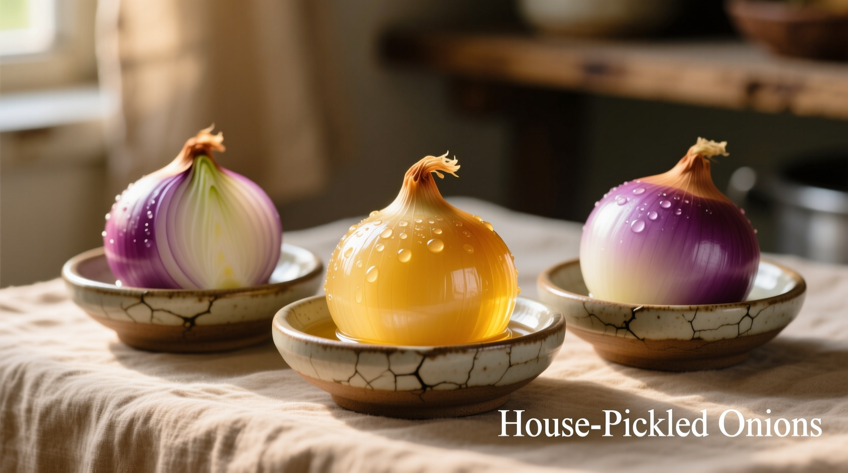 House-pickled onion trio served in small ceramic dishes
