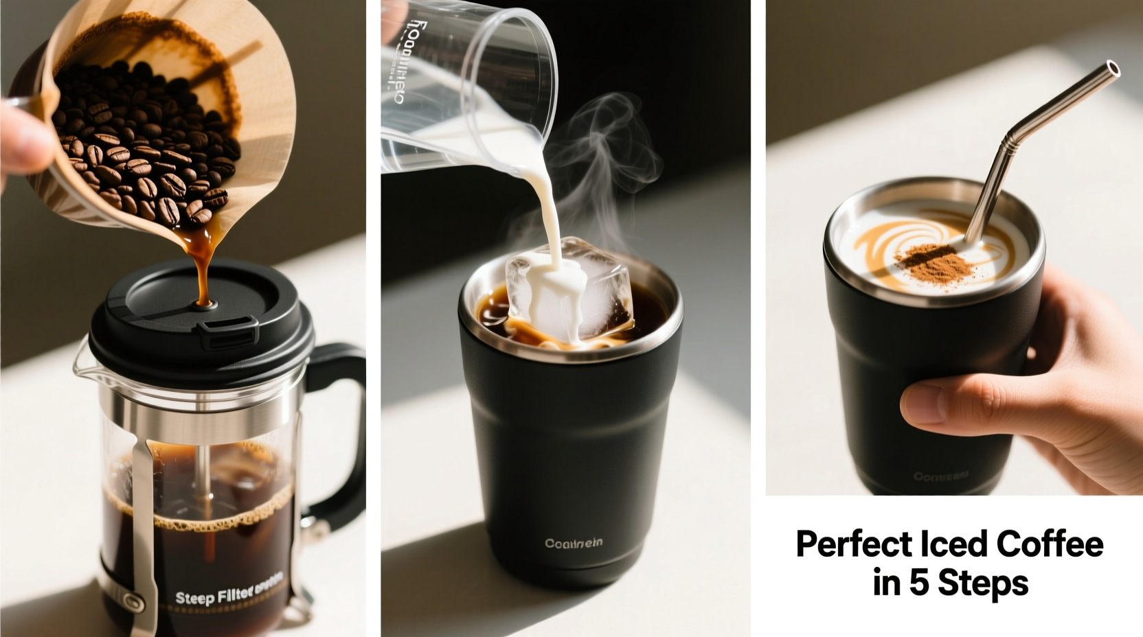 step by step guide to making perfect iced coffee in a reusable straw cup