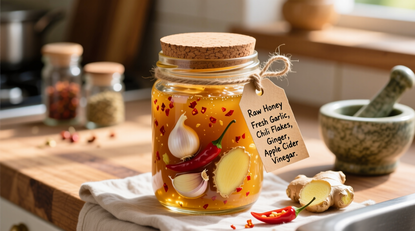 Homemade hot honey garlic sauce in glass jar with ingredients