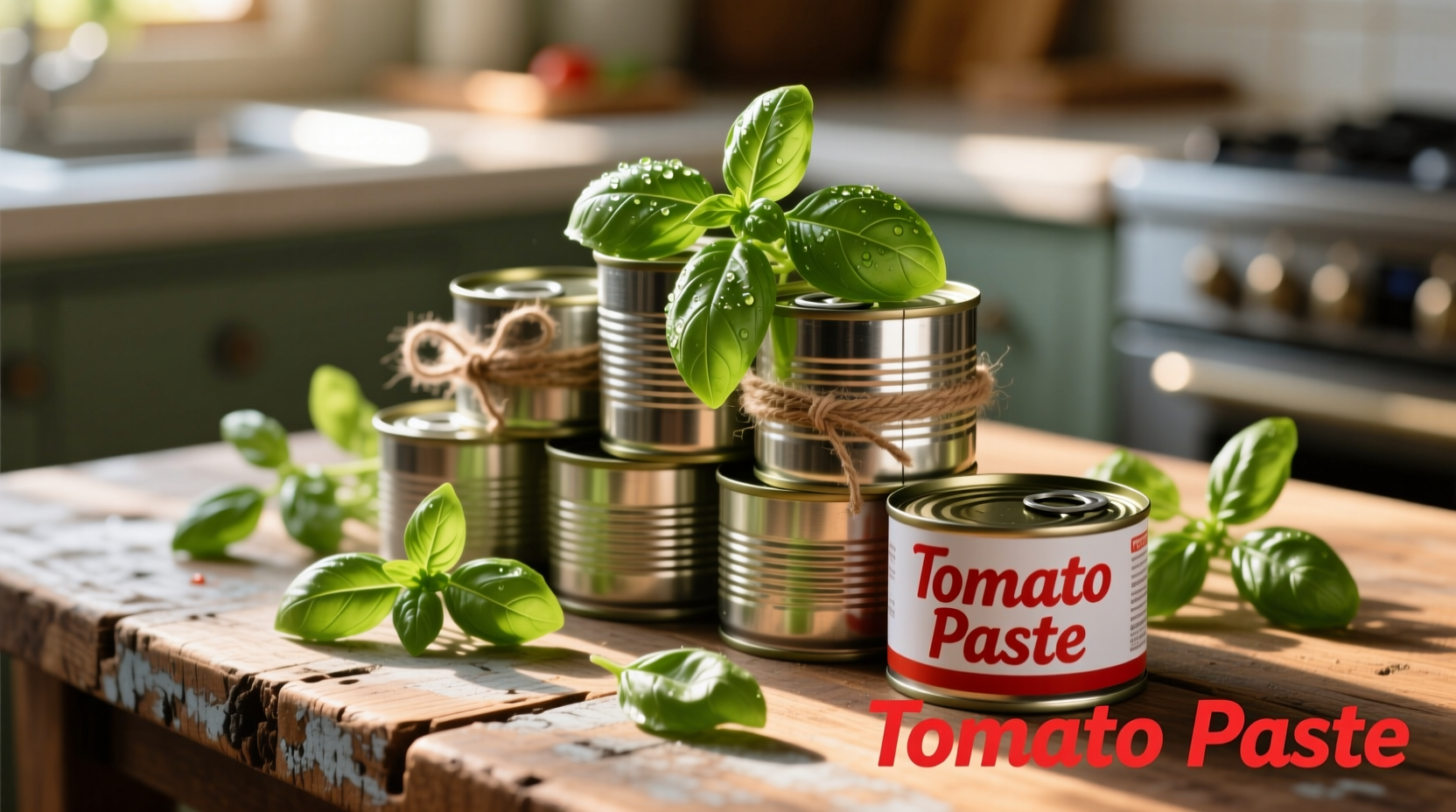 Tomato paste cans arranged with fresh basil