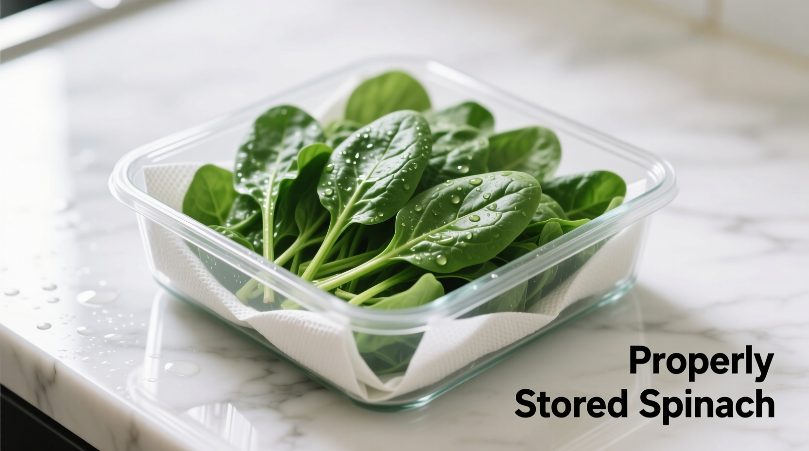 Properly stored spinach in container with paper towels