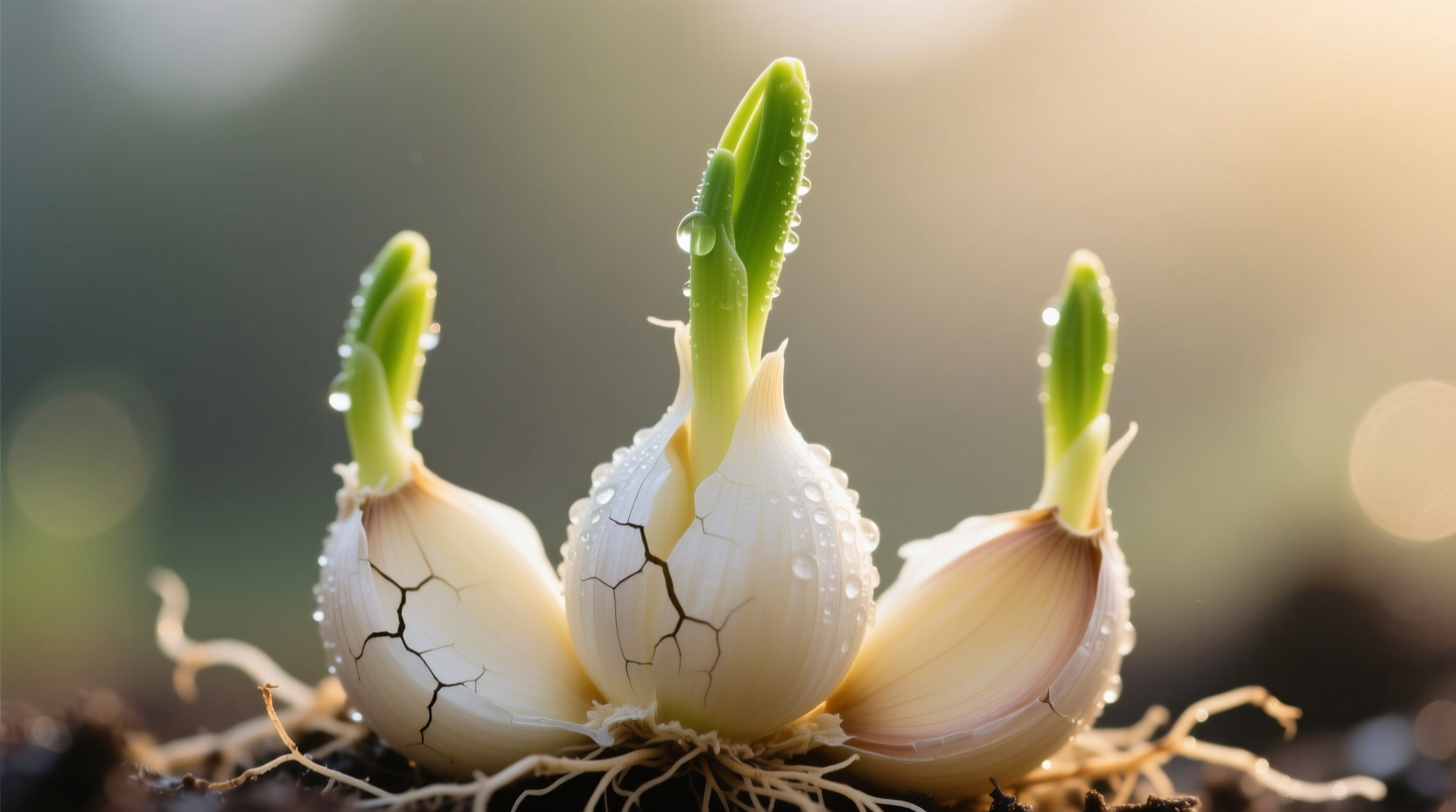 Close-up of sprouted garlic cloves with green shoots