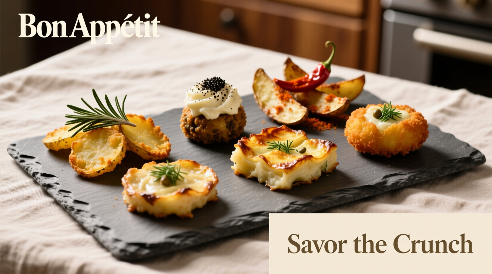 Five gourmet potato appetizers arranged on slate platter