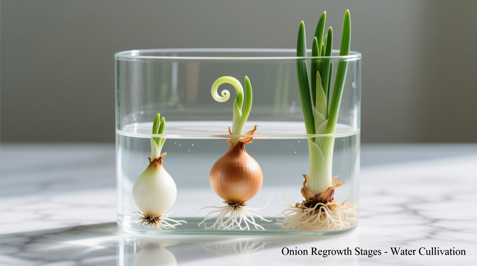Onion regrowth stages in water glass