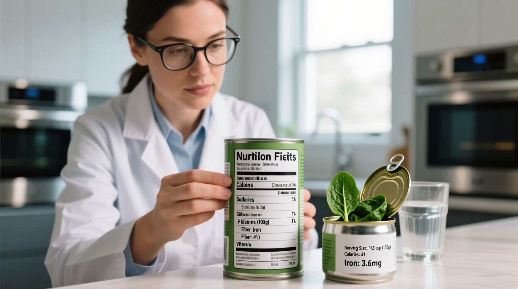 Nutritionist examining canned spinach nutrition label