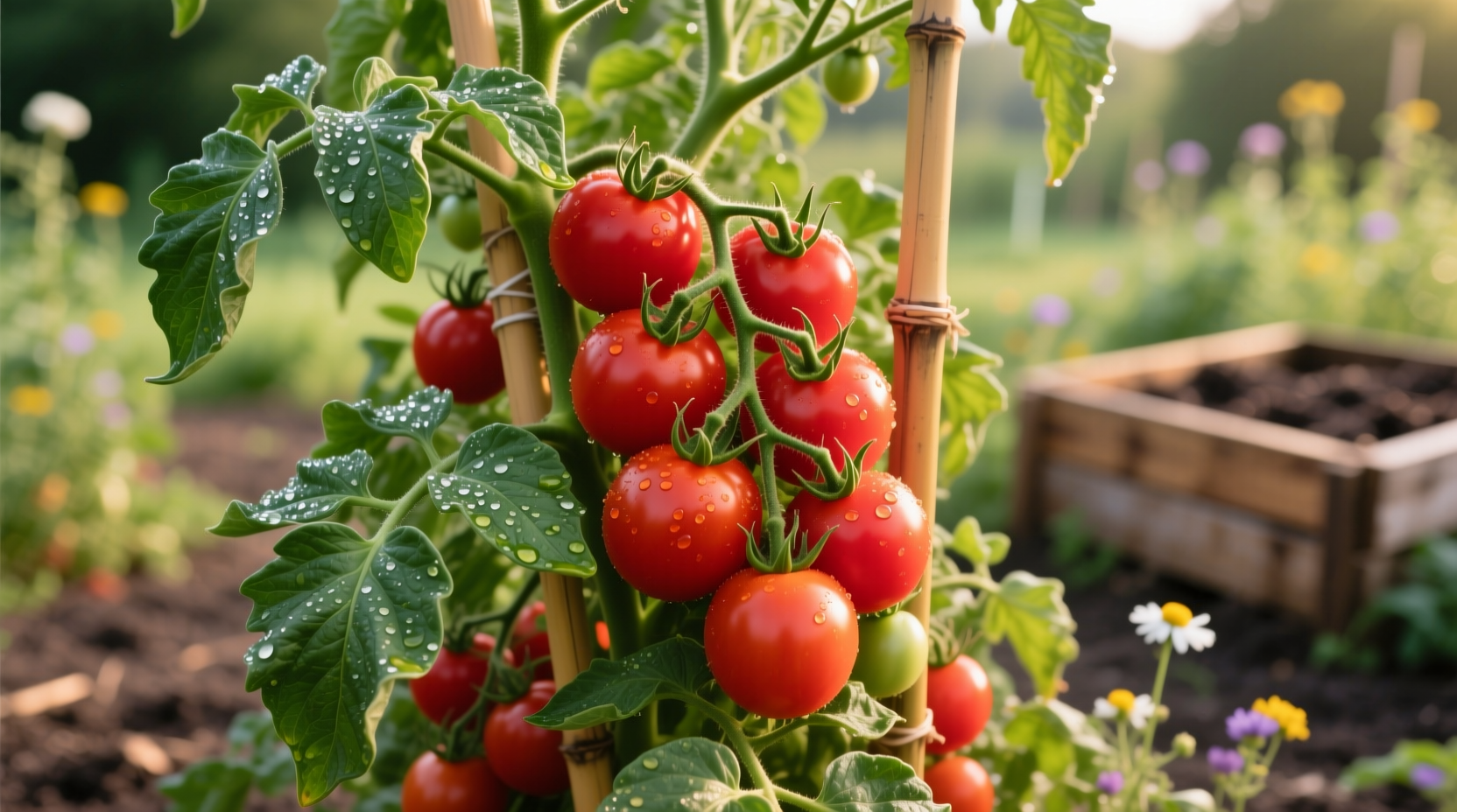 Healthy tomato plants with red fruits and green foliage