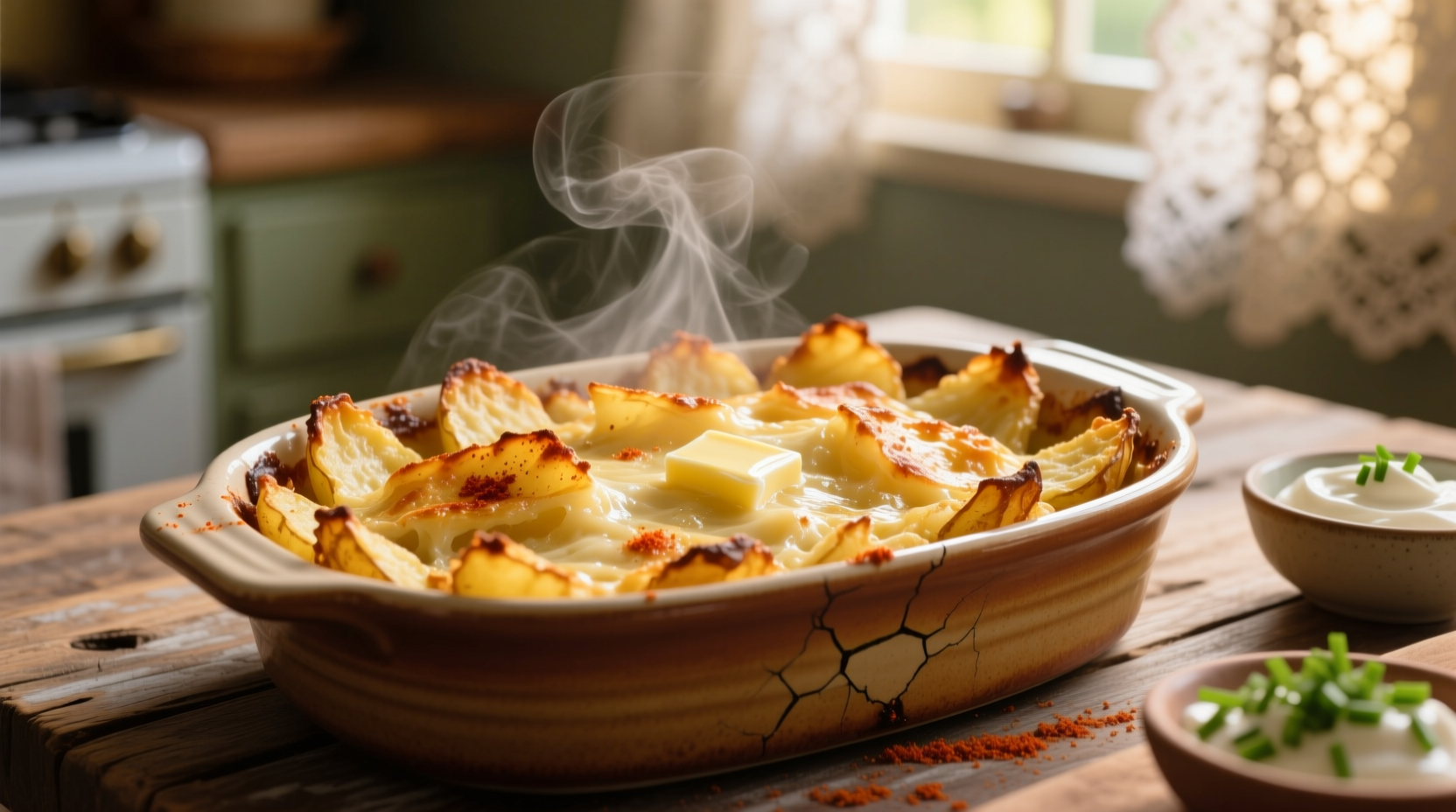 Golden hashbrown potato casserole fresh from oven