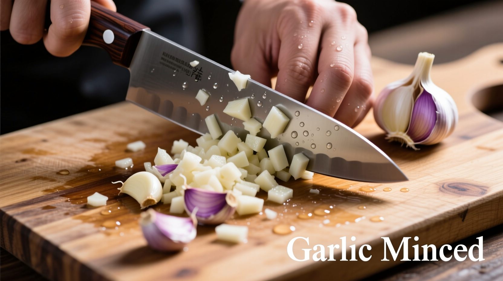 Chef's knife mincing fresh garlic cloves on cutting board