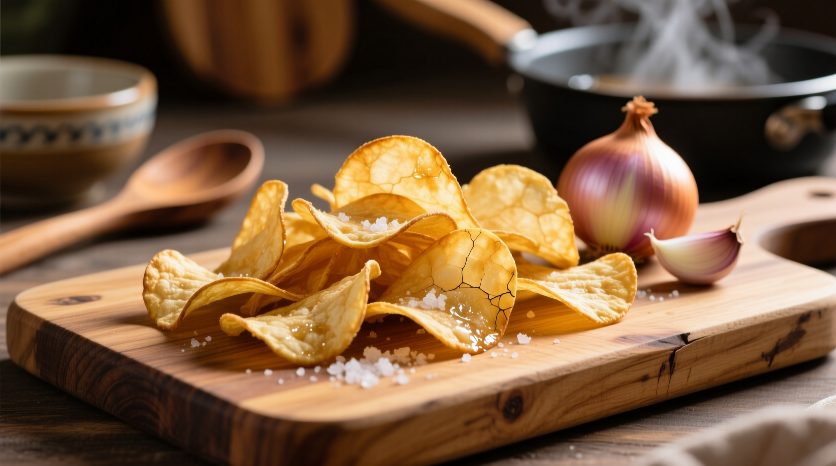 Golden onion and garlic chips arranged on wooden cutting board