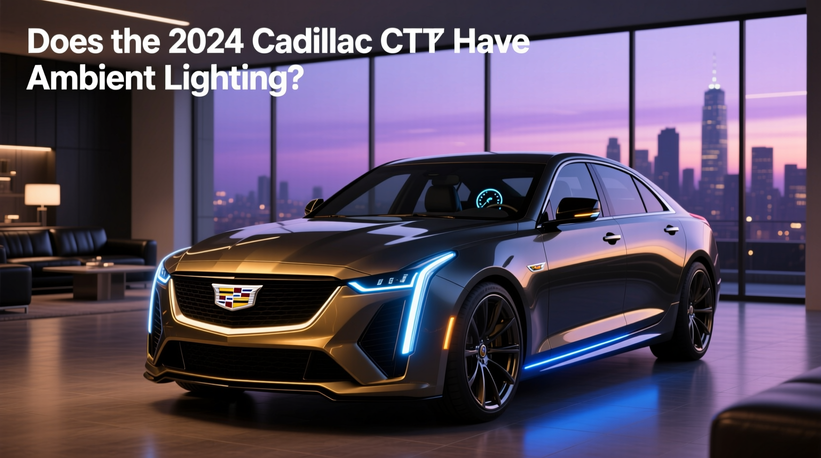 Cadillac CT5 interior showing ambient lighting glow along door panels and dashboard