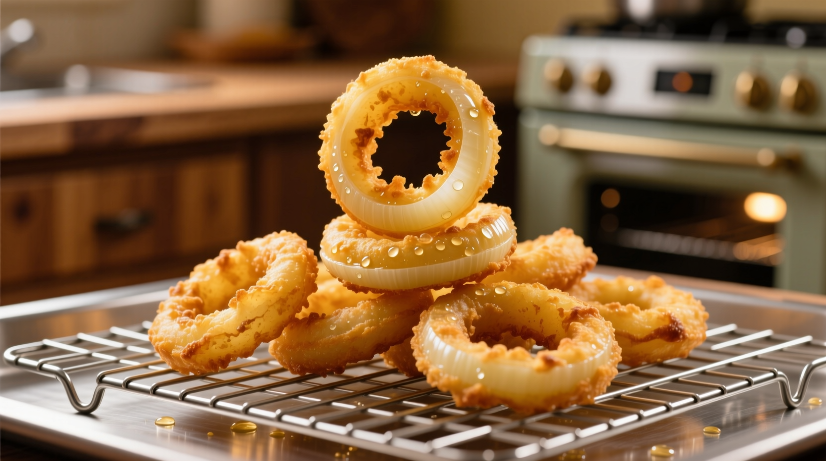 Golden crispy onion rings on wire rack