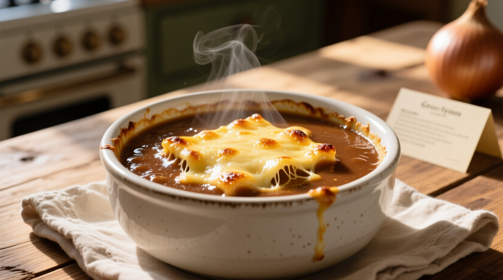 Golden brown French onion soup in white bowl with melted cheese