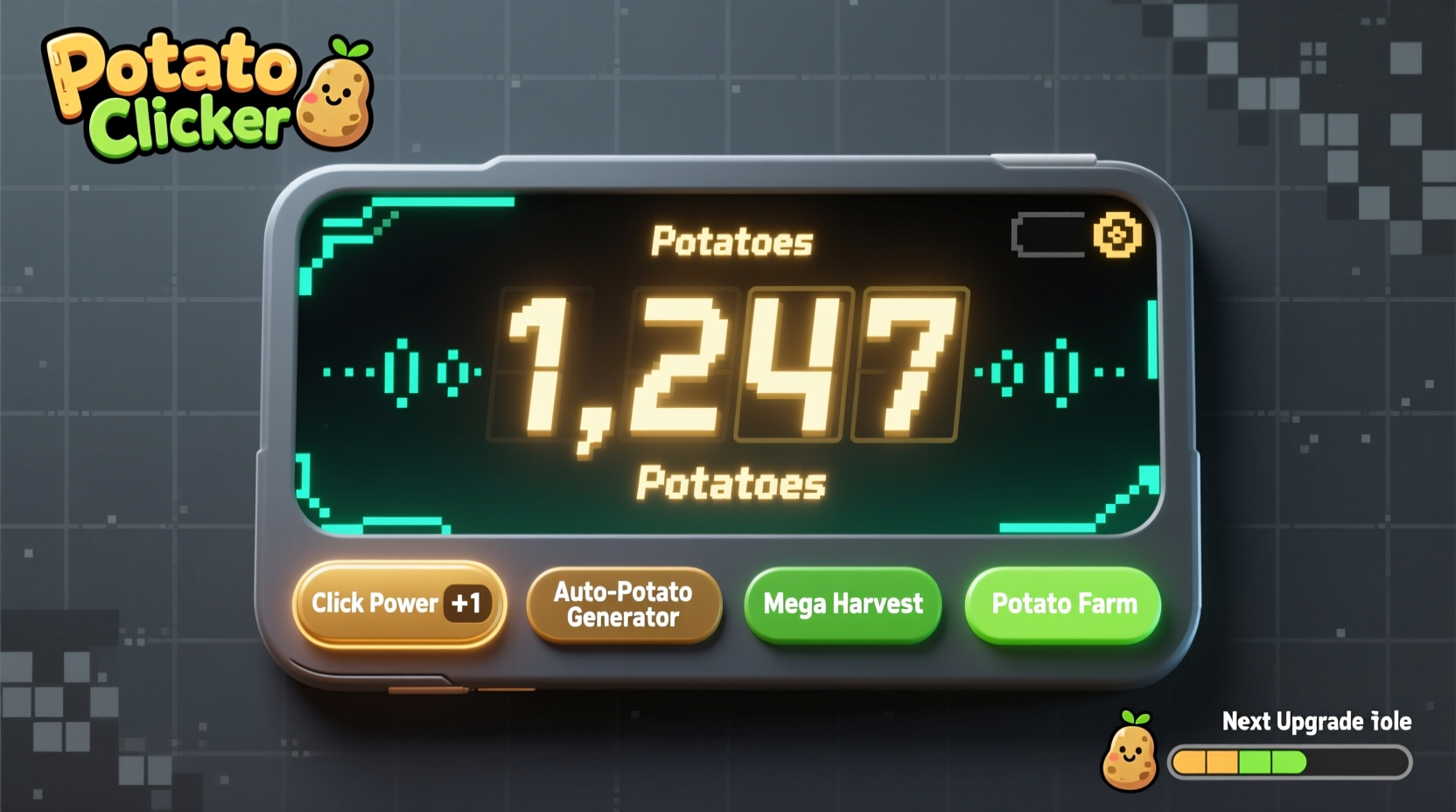 Potato Clicker gameplay interface showing potato counter and upgrade options