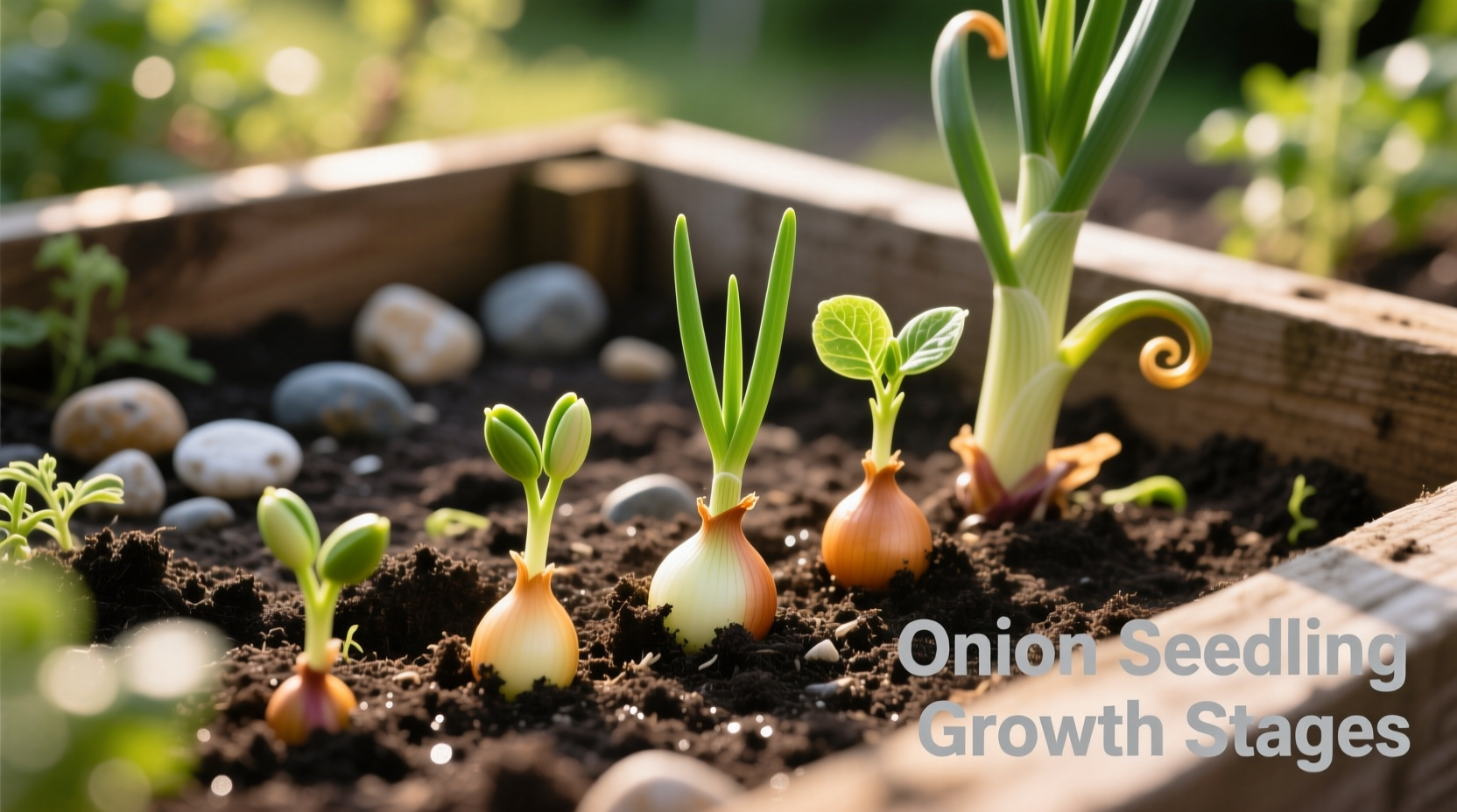 Onion seedlings at different growth stages in garden
