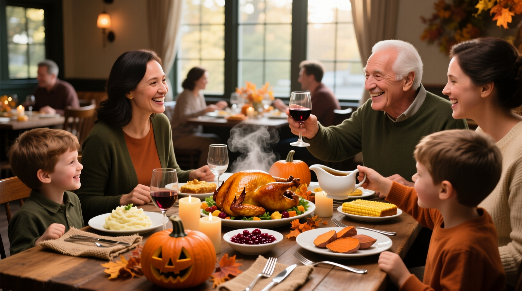 Family enjoying Thanksgiving meal at a restaurant