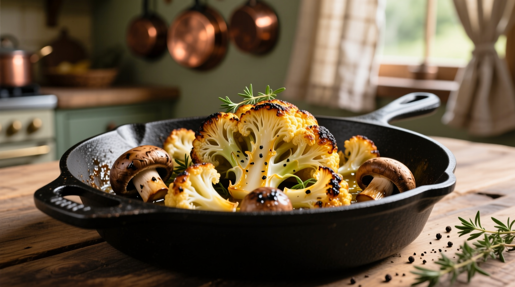 Golden roasted cauliflower and mushrooms in cast iron skillet