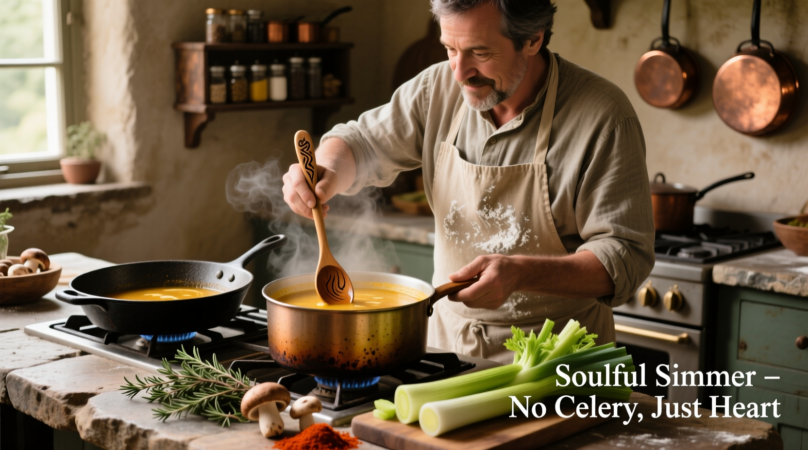 Chef preparing soup with celery substitute ingredients