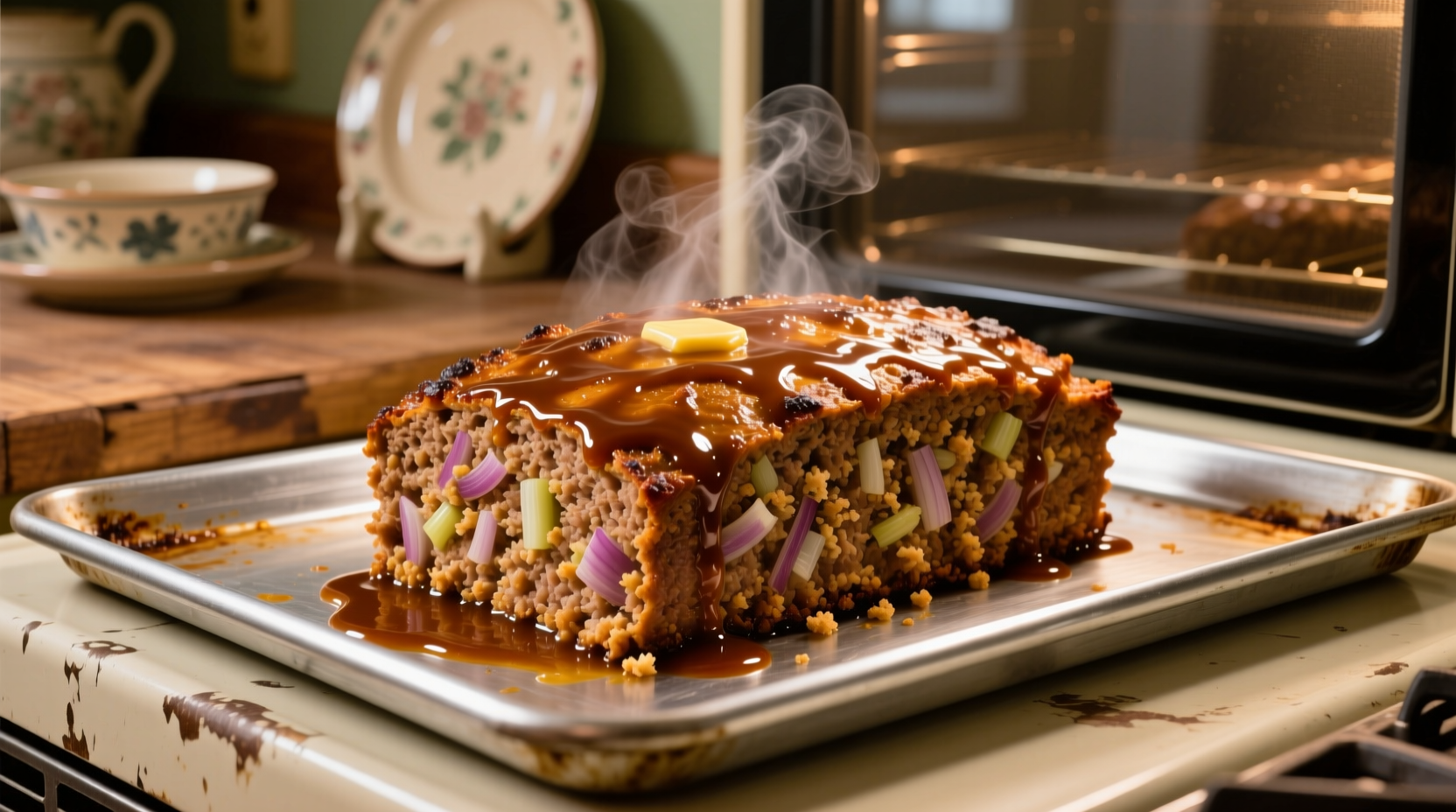 Classic meatloaf with onion soup mix on baking sheet