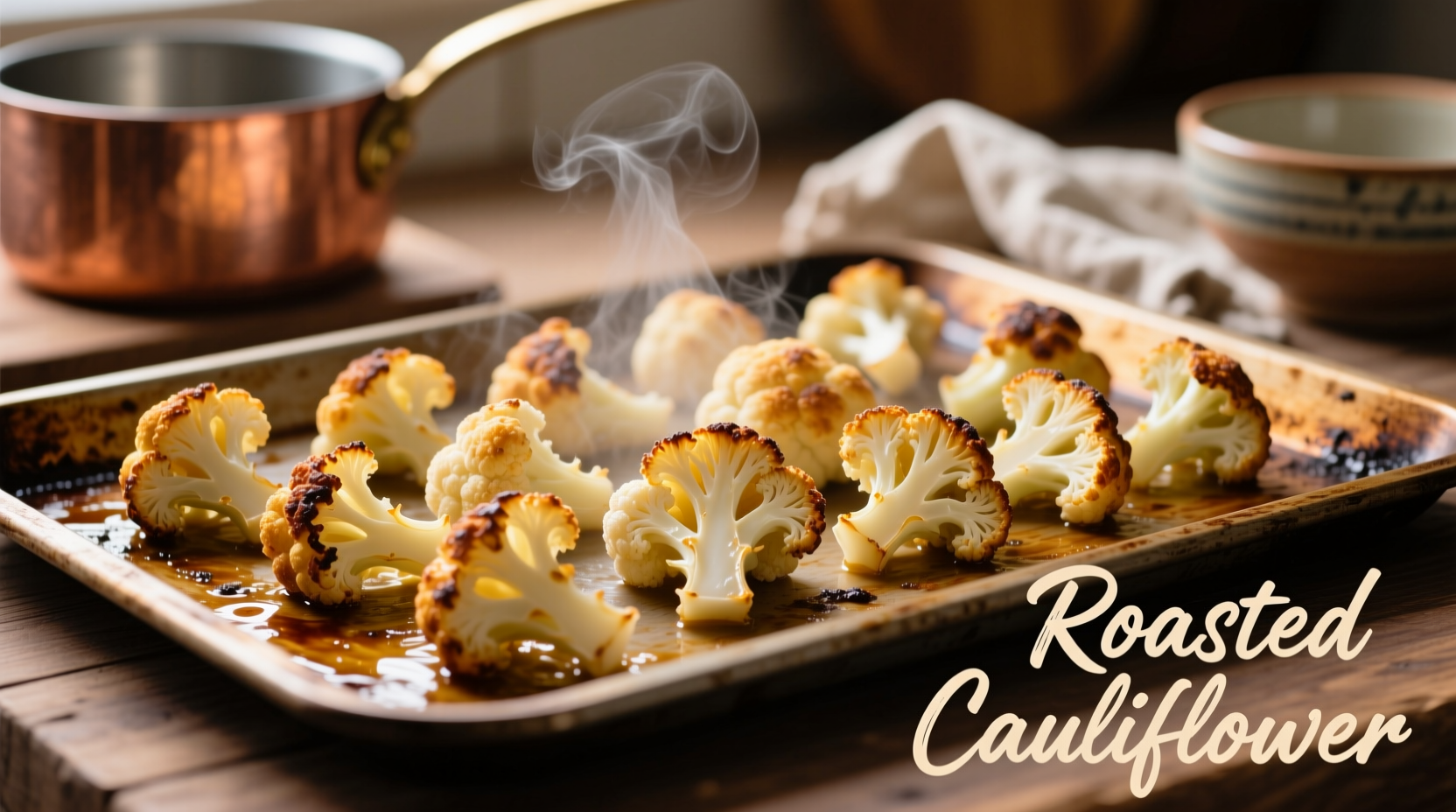 Perfectly roasted frozen cauliflower florets on baking sheet