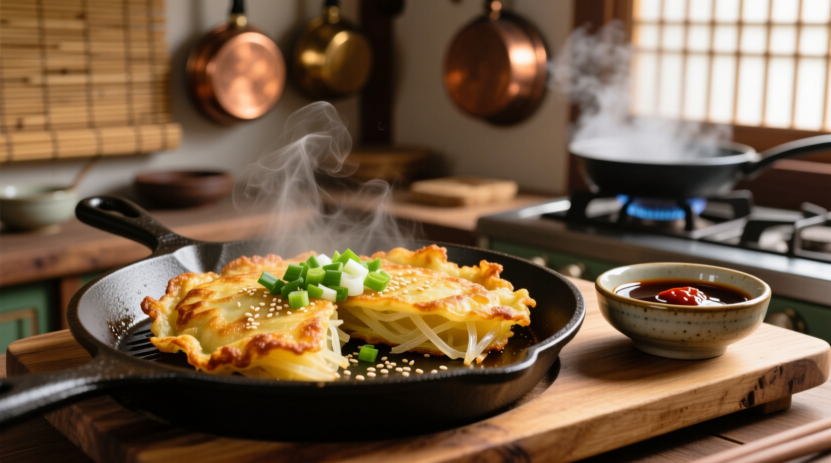 Golden Korean potato pancakes served with dipping sauce